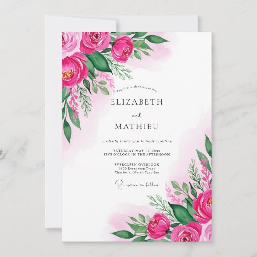 Fuchsia Lush Watercolor Wedding Kaart (Voorkant)