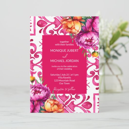 Fuchsia Majolica tegels oranje pioenen allemaal in Kaart (Staand voorkant)