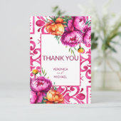 Fuchsia Majolica tegels oranje pioenrozen Bedankkaart (Staand voorkant)