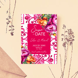 Fuchsia Majolica tegels oranje pioenrozen bruiloft Save The Date