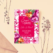 Fuchsia Majolica tegels oranje pioenrozen bruiloft Save The Date