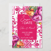 Fuchsia Majolica tegels oranje pioenrozen bruiloft Save The Date (Voorkant)