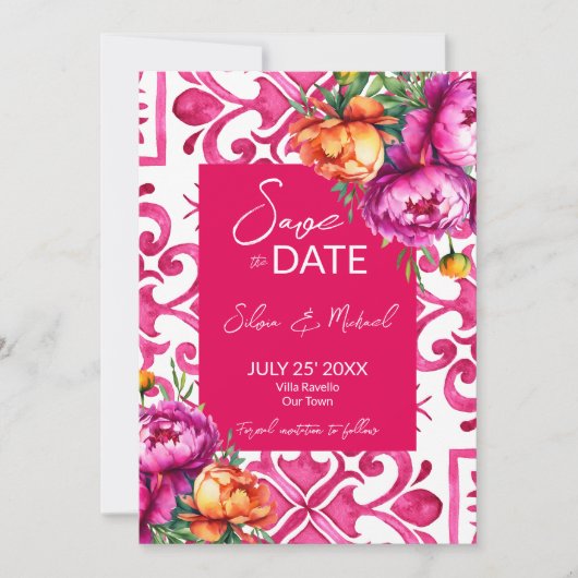 Fuchsia Majolica tegels oranje pioenrozen bruiloft Save The Date (Voorkant)