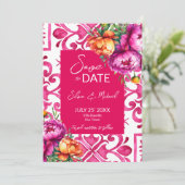 Fuchsia Majolica tegels oranje pioenrozen bruiloft Save The Date (Staand voorkant)
