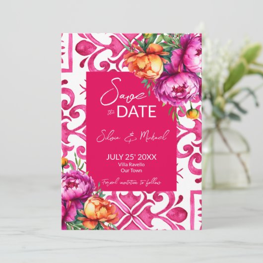 Fuchsia Majolica tegels oranje pioenrozen bruiloft Save The Date (Staand voorkant)