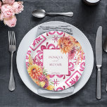 Fuchsia Majolica tegels sinaasappel dahlia sjabloo Papieren Bordje<br><div class="desc">Fuchsia Mediterraanse Majolica tegels magenta fuchsia kleur thema bruiloft sjabloon papier borden gepersonaliseerde bruiloft servies decor,  Italiaans stijl Capri,  Amalfi Coast,  Sicilia thema bruiloft borden met bruid en bruidegom namen</div>