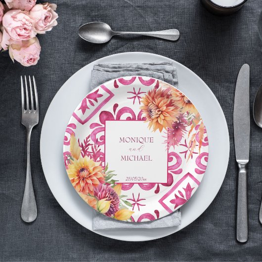 Fuchsia Majolica tegels sinaasappel dahlia sjabloo Papieren Bordje