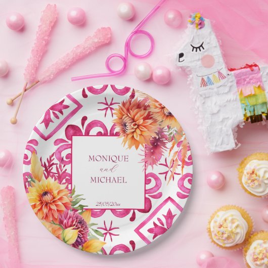 Fuchsia Majolica tegels sinaasappel dahlia sjabloo Papieren Bordje (Feest)