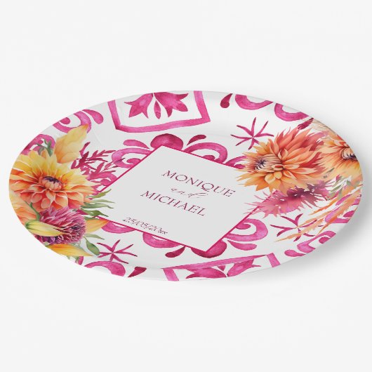 Fuchsia Majolica tegels sinaasappel dahlia sjabloo Papieren Bordje (Gekanteld)