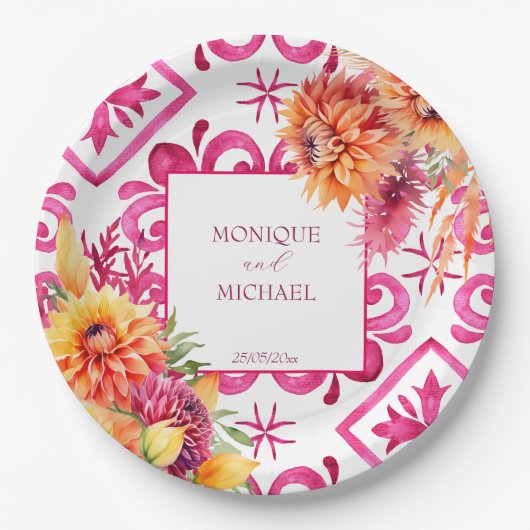 Fuchsia Majolica tegels sinaasappel dahlia sjabloo Papieren Bordje (Voorkant)