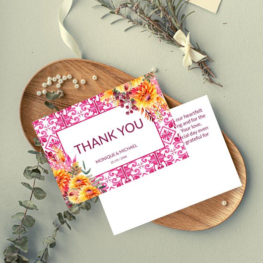 Fuchsia Majolica tegels sinaasappel dahlia's Bedankkaart