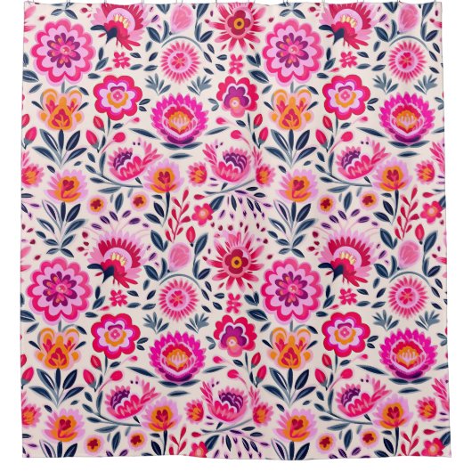 Fuchsia Mexicaanse bloemen patroon Douchegordijn (Voorkant)