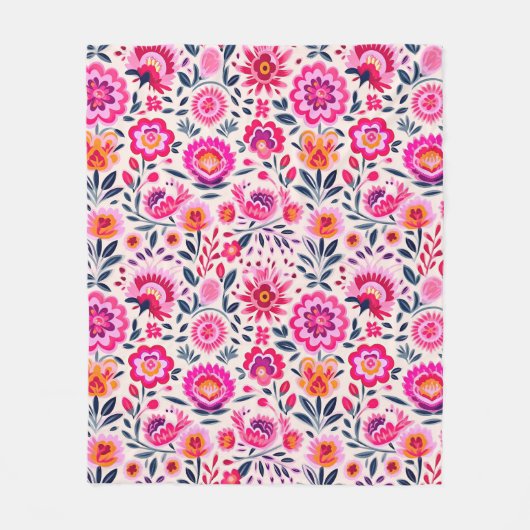 Fuchsia Mexicaanse Bloemen Patroon Levendig Fleece Deken (Voorkant)