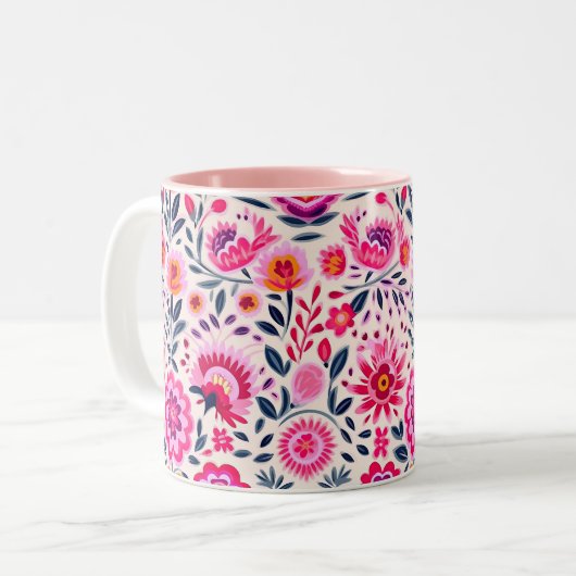 Fuchsia Mexicaanse Bloemen Patroon Levendig Tweekleurige Koffiemok (Voorkant links)