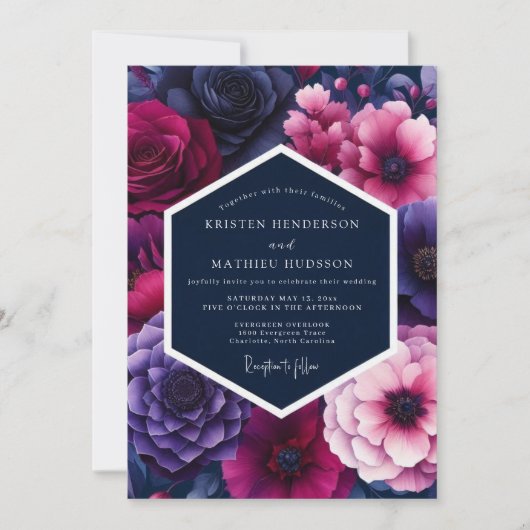Fuchsia Midnight Bloom Bruiloft Kaart (Voorkant)