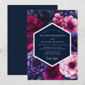 Fuchsia Midnight Bloom Bruiloft Kaart (Voorkant / Achterkant)