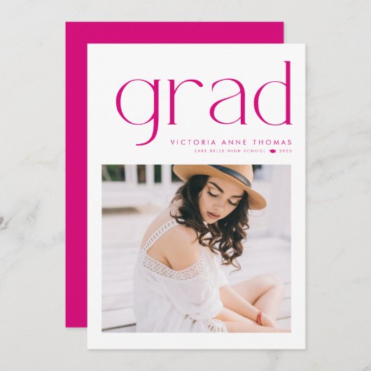 Fuchsia Minimalist Typography Photo Afstuderen Aankondiging (Voorkant / Achterkant)