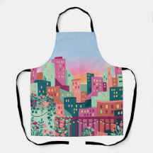 Fuchsia & Mint Stedensilhouet Schort – Keuken