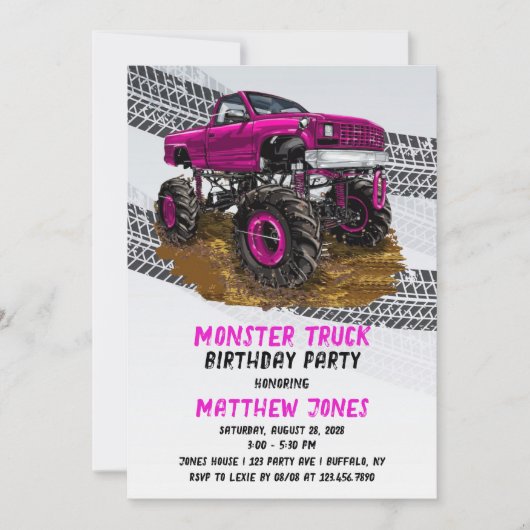 Fuchsia Monster Truck Birthday Party Kaart (Voorkant)