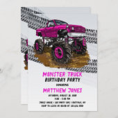 Fuchsia Monster Truck Birthday Party Kaart (Voorkant / Achterkant)