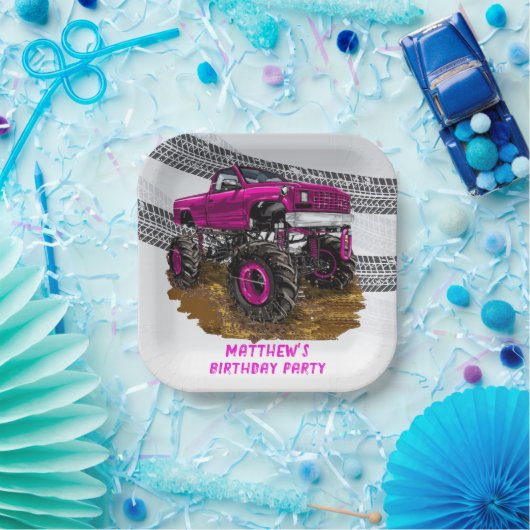 Fuchsia Monster Truck Boy Birthday Party Papieren Bordje (Feest)