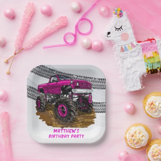 Fuchsia Monster Truck Boy Birthday Party Papieren Bordje (Feest)