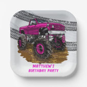 Fuchsia Monster Truck Boy Birthday Party Papieren Bordje (Voorkant)