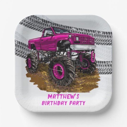 Fuchsia Monster Truck Boy Birthday Party Papieren Bordje (Voorkant)