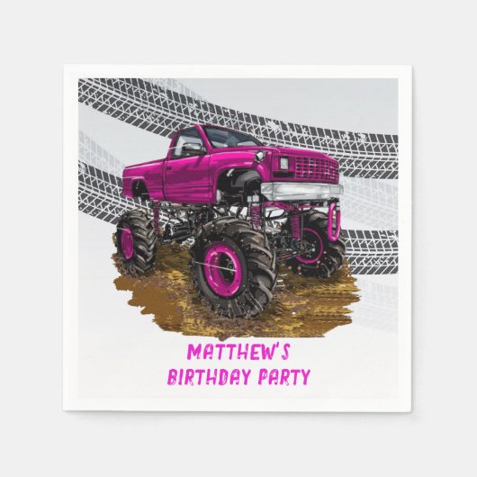 Fuchsia Monster Truck Boy Birthday Party Servet (Voorkant)