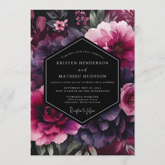 Fuchsia Moody Flora Wedding Kaart (Voorkant)