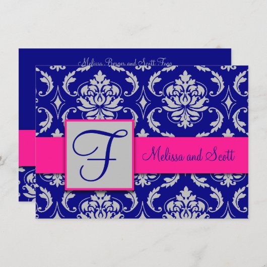 Fuchsia Navy Blauwe Zilveren Damast Save the Date  Kaart (Voorkant / Achterkant)