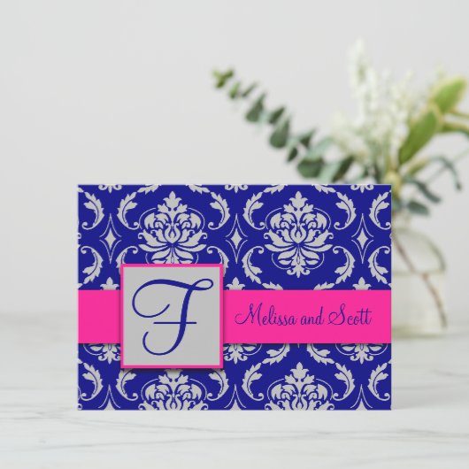 Fuchsia Navy Blauwe Zilveren Damast Save the Date Kaart (Staand voorkant)