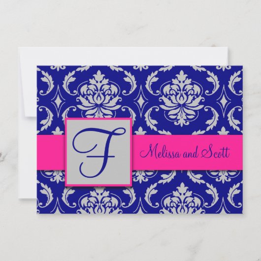 Fuchsia Navy Blauwe Zilveren Damast Save the Date  Kaart (Voorkant)
