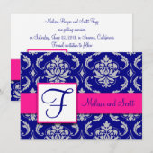 Fuchsia Navy Blauwe Zilveren Damast Uitnodiging Vo (Voorkant / Achterkant)