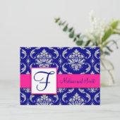 Fuchsia Navy Blauwe Zilveren Damast Uitnodiging Vo (Staand voorkant)
