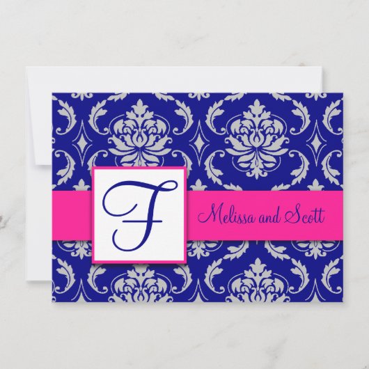 Fuchsia Navy Blauwe Zilveren Damast Uitnodiging Vo (Voorkant)