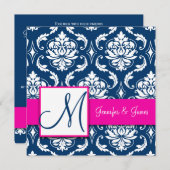Fuchsia Navy Blue  Damask Invitation 2 Kaart (Voorkant / Achterkant)