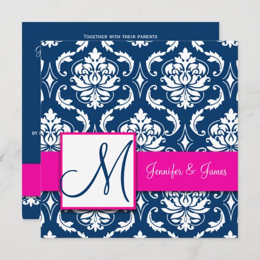 Fuchsia Navy Blue Damask Invitation 2 Kaart (Voorkant / Achterkant)
