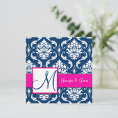 Fuchsia Navy Blue  Damask Invitation 2 Kaart (Staand voorkant)