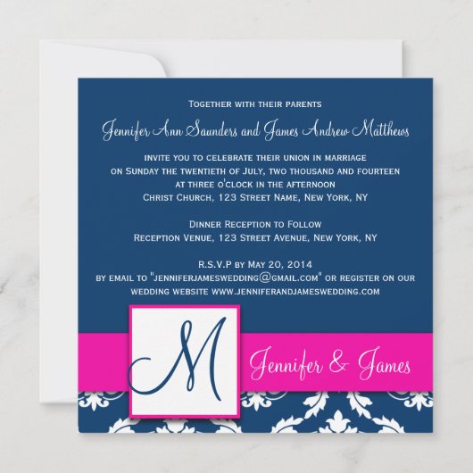 Fuchsia Navy Blue Damask Invitation 2 Kaart (Achterkant)