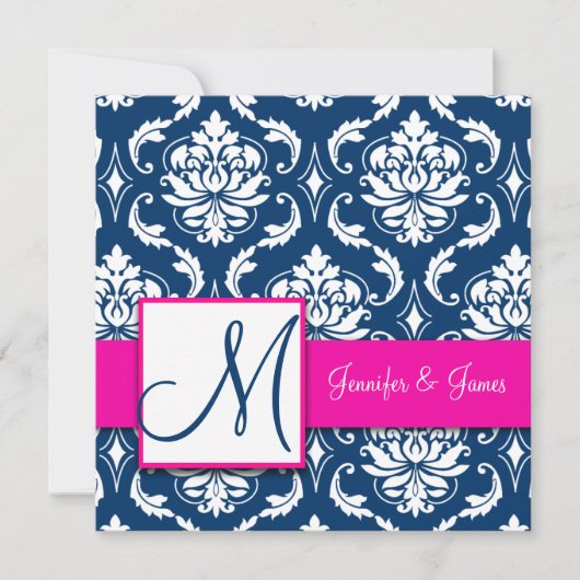 Fuchsia Navy Blue  Damask Invitation 2 Kaart (Voorkant)