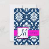 Fuchsia Navy Blue Damask Monogram RSVP-kaart RSVP Kaartje (Voorkant)