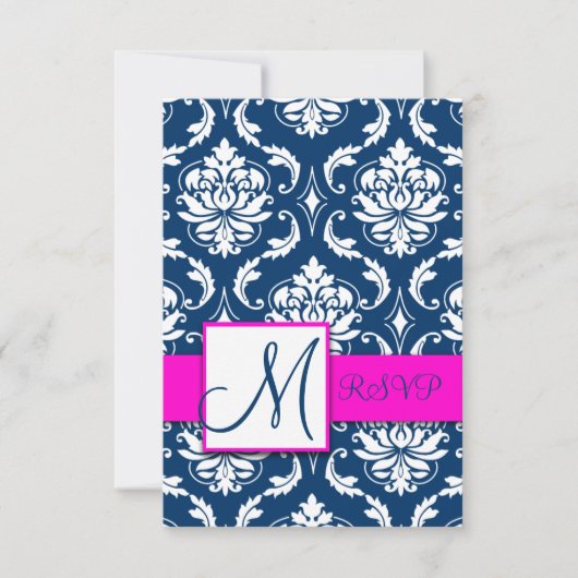 Fuchsia Navy Blue Damask Monogram RSVP-kaart RSVP Kaartje (Voorkant)