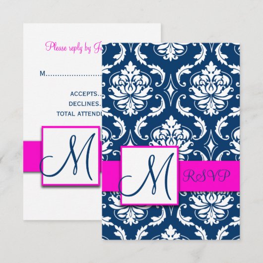 Fuchsia Navy Blue Damask Monogram RSVP-kaart RSVP Kaartje (Voorkant / Achterkant)