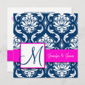 Fuchsia Navy Blue Damask Monogram Uitnodiging (Voorkant / Achterkant)