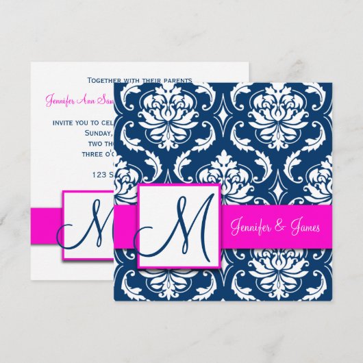Fuchsia Navy Blue Damask Monogram Uitnodiging (Voorkant / Achterkant)