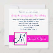 Fuchsia Navy Blue Damask Monogram Uitnodiging (Achterkant)