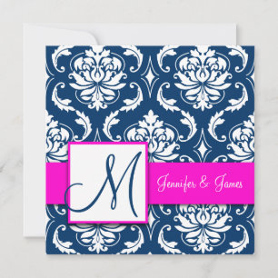 Fuchsia Navy Blue Damask Monogram Uitnodiging