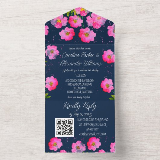 Fuchsia Navy Blue Modern Bold Elegant Floral All In One Uitnodiging (Binnen)