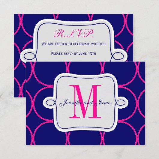 Fuchsia Navy Blue Modern Wedding RSVP #2 (Voorkant / Achterkant)